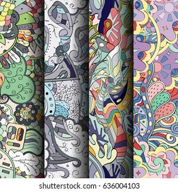 Set of tracery colorful seamless patterns. Vertical stripes. Curved doodling backgrounds for textile or printing with mehndi and ethnic motives. Vector