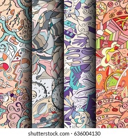 Set of tracery colorful seamless patterns. Vertical stripes. Curved doodling backgrounds for textile or printing with mehndi and ethnic motives. Vector
