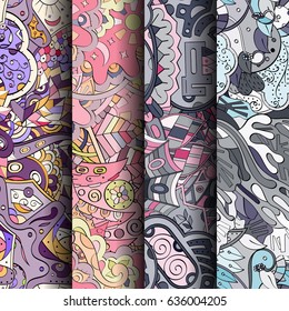 Set of tracery colorful seamless patterns. Vertical stripes. Curved doodling backgrounds for textile or printing with mehndi and ethnic motives. Vector