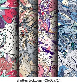 Set of tracery colorful seamless patterns. Vertical stripes. Curved doodling backgrounds for textile or printing with mehndi and ethnic motives. Vector