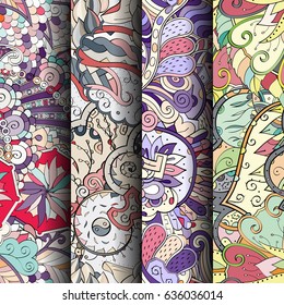 Set of tracery colorful seamless patterns. Vertical stripes. Curved doodling backgrounds for textile or printing with mehndi and ethnic motives. Vector