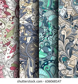 Set of tracery colorful seamless patterns. Vertical stripes. Curved doodling backgrounds for textile or printing with mehndi and ethnic motives. Vector