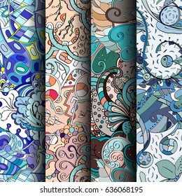 Set of tracery colorful seamless patterns. Vertical stripes. Curved doodling backgrounds for textile or printing with mehndi and ethnic motives. Vector