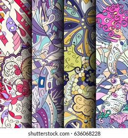 Set of tracery colorful seamless patterns. Vertical stripes. Curved doodling backgrounds for textile or printing with mehndi and ethnic motives. Vector