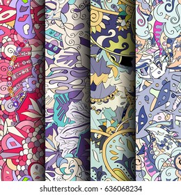 Set of tracery colorful seamless patterns. Vertical stripes. Curved doodling backgrounds for textile or printing with mehndi and ethnic motives. Vector