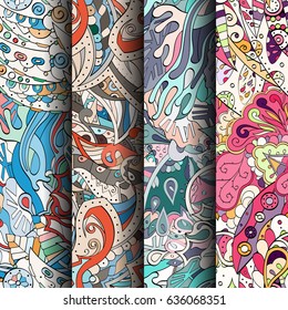 Set of tracery colorful seamless patterns. Vertical stripes. Curved doodling backgrounds for textile or printing with mehndi and ethnic motives. Vector