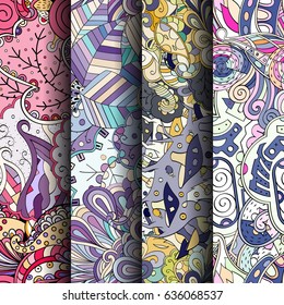 Set of tracery colorful seamless patterns. Vertical stripes. Curved doodling backgrounds for textile or printing with mehndi and ethnic motives. Vector