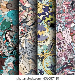 Set of tracery colorful seamless patterns. Vertical stripes. Curved doodling backgrounds for textile or printing with mehndi and ethnic motives. Vector