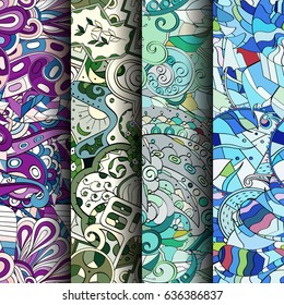Set of tracery colorful seamless patterns. Vertical stripes. Curved doodling backgrounds for textile or printing with mehndi and ethnic motives. Vector