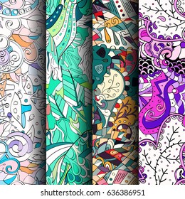 Set of tracery colorful seamless patterns. Vertical stripes. Curved doodling backgrounds for textile or printing with mehndi and ethnic motives. Vector