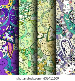 Set of tracery colorful seamless patterns. Vertical stripes. Curved doodling backgrounds for textile or printing with mehndi and ethnic motives. Vector