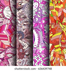 Set of tracery colorful seamless patterns. Vertical stripes. Curved doodling backgrounds for textile or printing with mehndi and ethnic motives. Vector