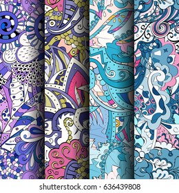 Set of tracery colorful seamless patterns. Vertical stripes. Curved doodling backgrounds for textile or printing with mehndi and ethnic motives. Vector