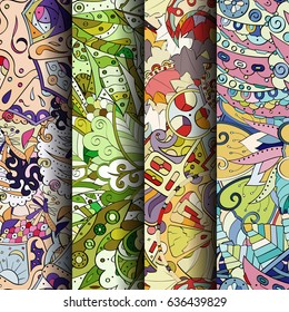Set of tracery colorful seamless patterns. Vertical stripes. Curved doodling backgrounds for textile or printing with mehndi and ethnic motives. Vector