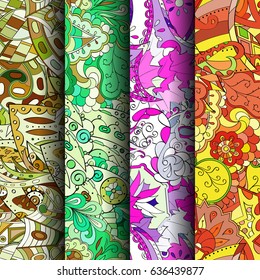 Set of tracery colorful seamless patterns. Vertical stripes. Curved doodling backgrounds for textile or printing with mehndi and ethnic motives. Vector