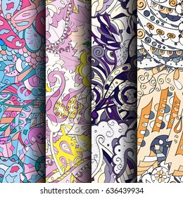 Set of tracery colorful seamless patterns. Vertical stripes. Curved doodling backgrounds for textile or printing with mehndi and ethnic motives. Vector