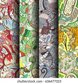 Set of tracery colorful seamless patterns. Vertical stripes. Curved doodling backgrounds for textile or printing with mehndi and ethnic motives. Vector