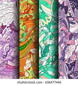 Set of tracery colorful seamless patterns. Vertical stripes. Curved doodling backgrounds for textile or printing with mehndi and ethnic motives. Vector