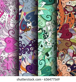 Set of tracery colorful seamless patterns. Vertical stripes. Curved doodling backgrounds for textile or printing with mehndi and ethnic motives. Vector