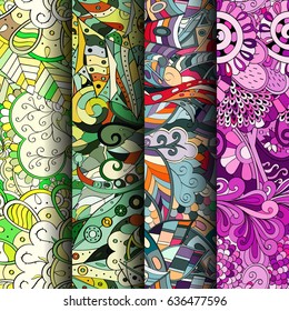 Set of tracery colorful seamless patterns. Vertical stripes. Curved doodling backgrounds for textile or printing with mehndi and ethnic motives. Vector