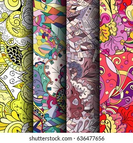 Set of tracery colorful seamless patterns. Vertical stripes. Curved doodling backgrounds for textile or printing with mehndi and ethnic motives. Vector