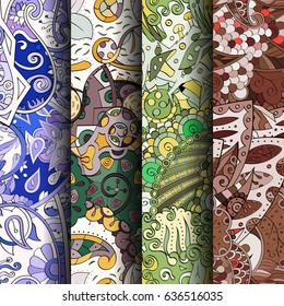 Set of tracery colorful seamless patterns. Vertical stripes. Curved doodling backgrounds for textile or printing with mehndi and ethnic motives. Vector