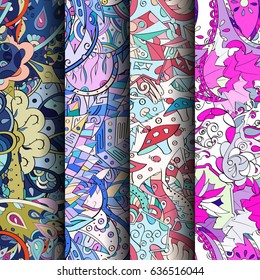 Set of tracery colorful seamless patterns. Vertical stripes. Curved doodling backgrounds for textile or printing with mehndi and ethnic motives. Vector
