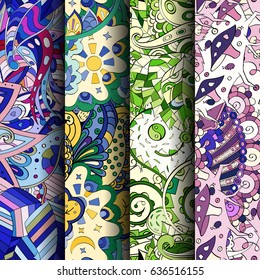 Set of tracery colorful seamless patterns. Vertical stripes. Curved doodling backgrounds for textile or printing with mehndi and ethnic motives. Vector