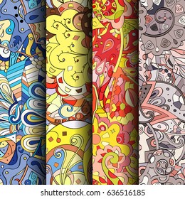 Set of tracery colorful seamless patterns. Vertical stripes. Curved doodling backgrounds for textile or printing with mehndi and ethnic motives. Vector