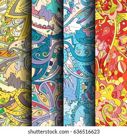 Set of tracery colorful seamless patterns. Vertical stripes. Curved doodling backgrounds for textile or printing with mehndi and ethnic motives. Vector