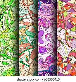 Set of tracery colorful seamless patterns. Vertical stripes. Curved doodling backgrounds for textile or printing with mehndi and ethnic motives. Vector
