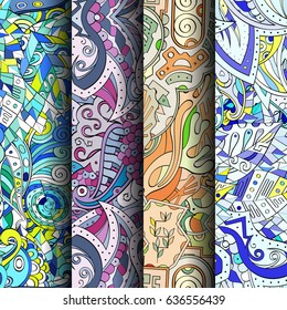 Set of tracery colorful seamless patterns. Vertical stripes. Curved doodling backgrounds for textile or printing with mehndi and ethnic motives. Vector