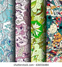 Set of tracery colorful seamless patterns. Vertical stripes. Curved doodling backgrounds for textile or printing with mehndi and ethnic motives. Vector