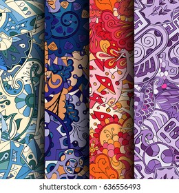 Set of tracery colorful seamless patterns. Vertical stripes. Curved doodling backgrounds for textile or printing with mehndi and ethnic motives. Vector