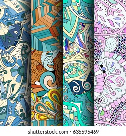 Set of tracery colorful seamless patterns. Vertical stripes. Curved doodling backgrounds for textile or printing with mehndi and ethnic motives. Vector