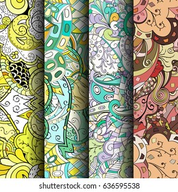 Set of tracery colorful seamless patterns. Vertical stripes. Curved doodling backgrounds for textile or printing with mehndi and ethnic motives. Vector