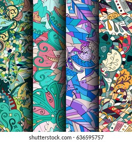Set of tracery colorful seamless patterns. Vertical stripes. Curved doodling backgrounds for textile or printing with mehndi and ethnic motives. Vector