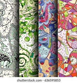 Set of tracery colorful seamless patterns. Vertical stripes. Curved doodling backgrounds for textile or printing with mehndi and ethnic motives. Vector