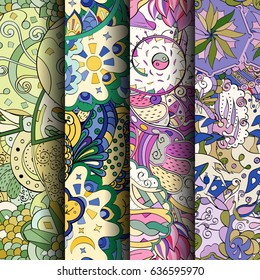 Set of tracery colorful seamless patterns. Vertical stripes. Curved doodling backgrounds for textile or printing with mehndi and ethnic motives. Vector