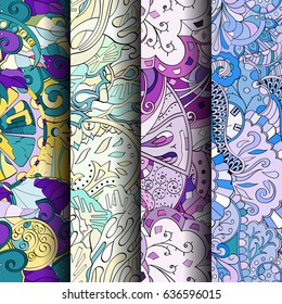 Set of tracery colorful seamless patterns. Vertical stripes. Curved doodling backgrounds for textile or printing with mehndi and ethnic motives. Vector