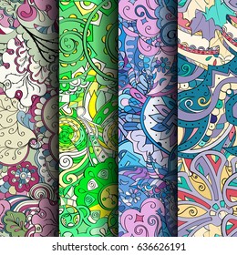 Set of tracery colorful seamless patterns. Vertical stripes. Curved doodling backgrounds for textile or printing with mehndi and ethnic motives. Vector