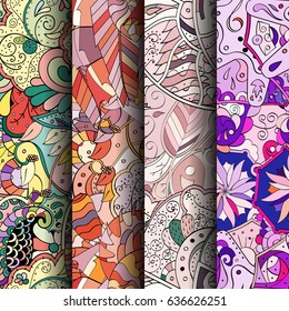Set of tracery colorful seamless patterns. Vertical stripes. Curved doodling backgrounds for textile or printing with mehndi and ethnic motives. Vector