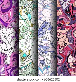 Set of tracery colorful seamless patterns. Vertical stripes. Curved doodling backgrounds for textile or printing with mehndi and ethnic motives. Vector
