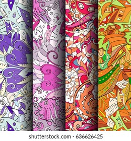 Set of tracery colorful seamless patterns. Vertical stripes. Curved doodling backgrounds for textile or printing with mehndi and ethnic motives. Vector