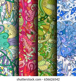 Set of tracery colorful seamless patterns. Vertical stripes. Curved doodling backgrounds for textile or printing with mehndi and ethnic motives. Vector