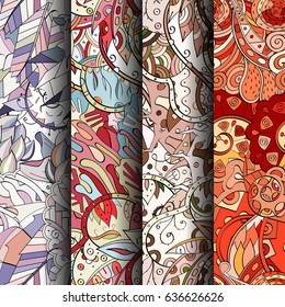 Set of tracery colorful seamless patterns. Vertical stripes. Curved doodling backgrounds for textile or printing with mehndi and ethnic motives. Vector