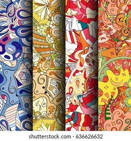 Set of tracery colorful seamless patterns. Vertical stripes. Curved doodling backgrounds for textile or printing with mehndi and ethnic motives. Vector