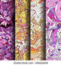 Set of tracery colorful seamless patterns. Vertical stripes. Curved doodling backgrounds for textile or printing with mehndi and ethnic motives. Vector