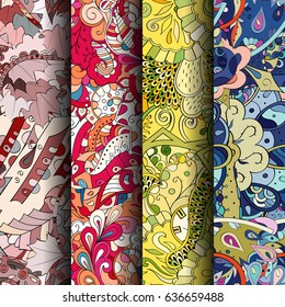 Set of tracery colorful seamless patterns. Vertical stripes. Curved doodling backgrounds for textile or printing with mehndi and ethnic motives. Vector