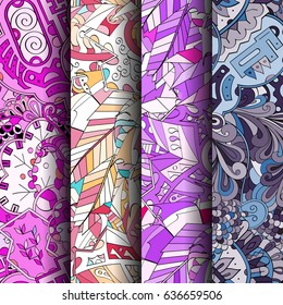 Set of tracery colorful seamless patterns. Vertical stripes. Curved doodling backgrounds for textile or printing with mehndi and ethnic motives. Vector